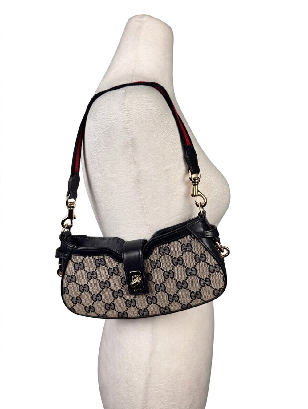 Gucci Moon Side Shoulder Bag GG Canvas Mini Navy Blue Green & Red Strap Dust Bag
